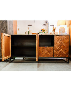 Buffet style industriel teck et métal 3 portes 1 tiroir 2