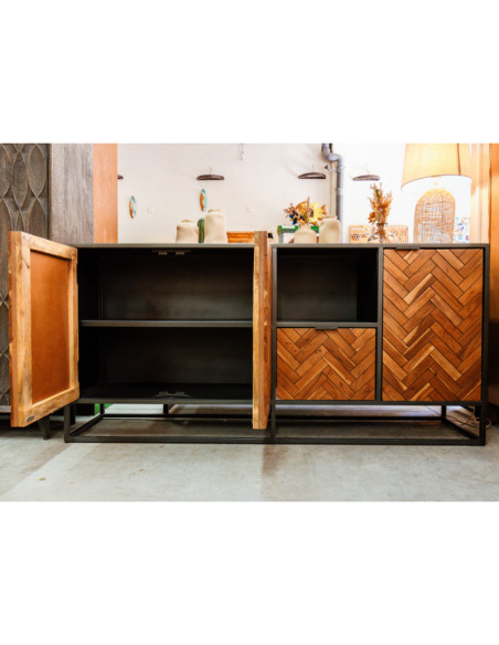 Buffet style industriel teck et métal 3 portes 1 tiroir
