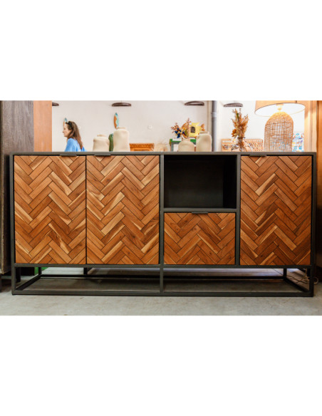 Buffet style industriel teck et métal 3 portes 1 tiroir