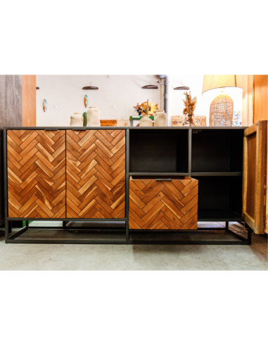 Buffet style industriel teck et métal 3 portes...