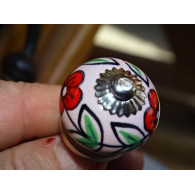 mini botones de cerámica rosa y 2 flores rojas - plata