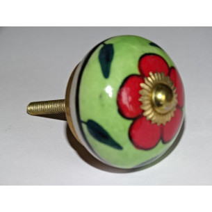 Boutons de tiroirs ou porte vert printemps et fleur rouge