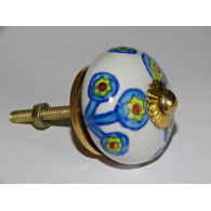 Boutons de tiroirs ou porte blanc avec fleurs turquoises