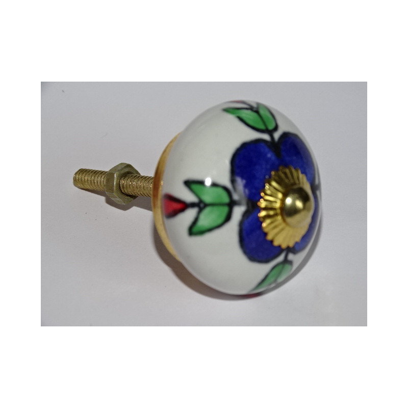 Boutons de tiroirs blanc avec fleurs outremer