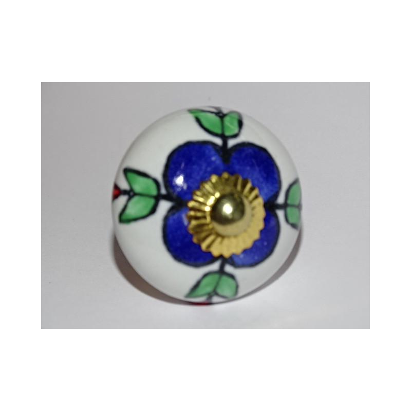 Boutons de tiroirs blanc avec fleurs outremer