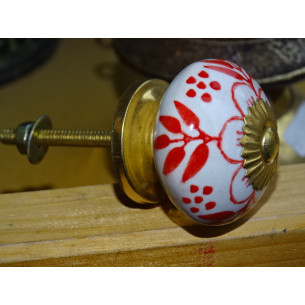 Porcelain drawer handle red flower and 4 foliage