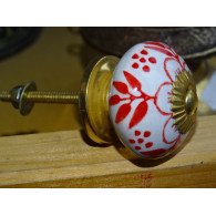 Manico per porta in porcellana fiore rosso e 4 foglie