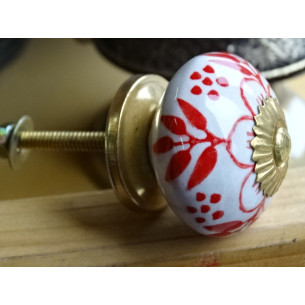 Porcelain drawer handle red flower and 4 foliage 2