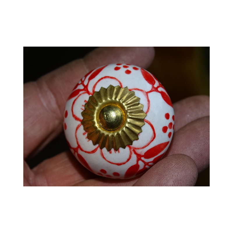 Poignée de tiroir en porcelaine fleur rouge et...