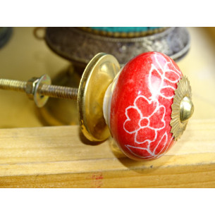 Poignée de tiroir en porcelaine rouge et fleurs blanches
