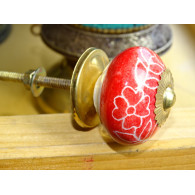 Maniglia per cassetto in porcellana rossa e fiori bianchi