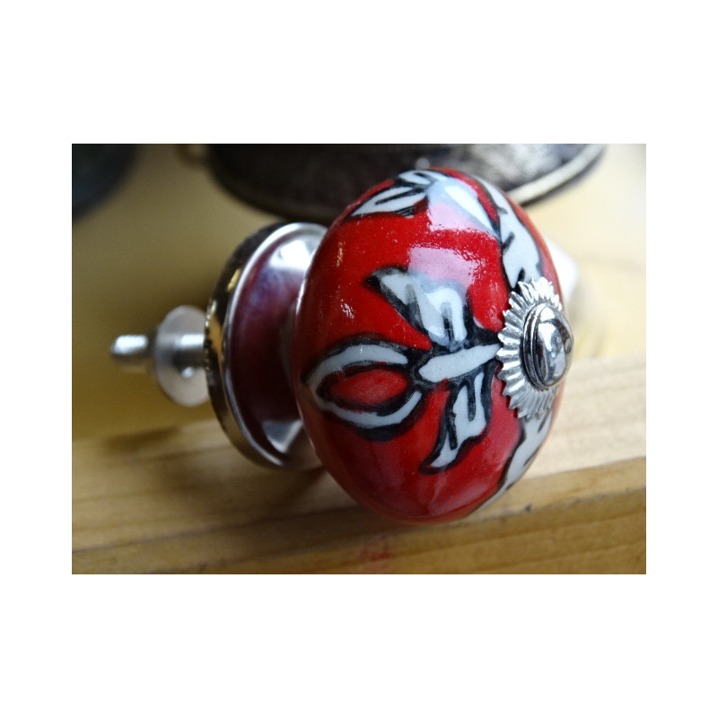 White and Red Arabesque Porcelain Drawer Handle...