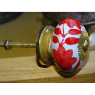 Maniglia per cassetto fiore in porcellana e felci rosse