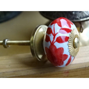 Manija del cajón de flores de porcelana y helechos rojos 2