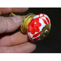 Maniglia per cassetto fiore in porcellana e felci rosse