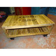 Coffee table with industrial recycled teak with trolley wheels