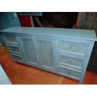 Grand buffet 6 tiroirs 2 portes patiné turquoise et sablé - 180 c m
