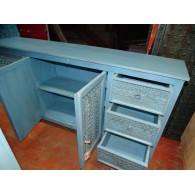Grand buffet 6 tiroirs 2 portes patiné turquoise et sablé - 180 c m
