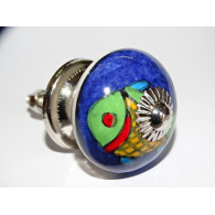 Boutons de meubles en porcelaine bleu outremer avec poisson - argenté