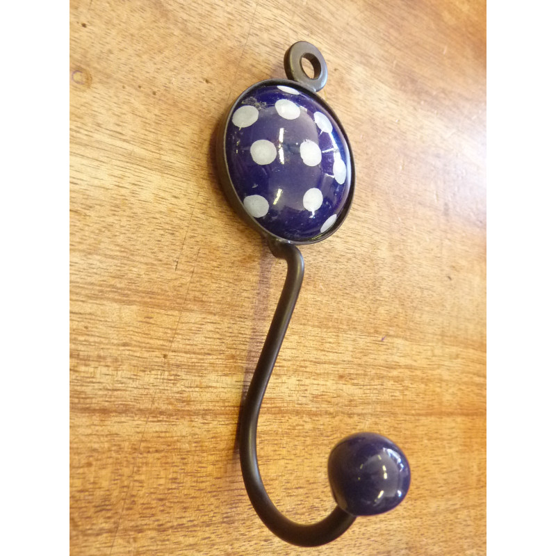 Patère en porcelaine ronde à pois bleu foncé