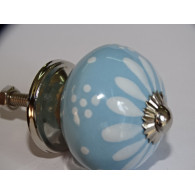 Boutons de meubles en porcelaine bleu ciel et pissenlit blanc - argenté