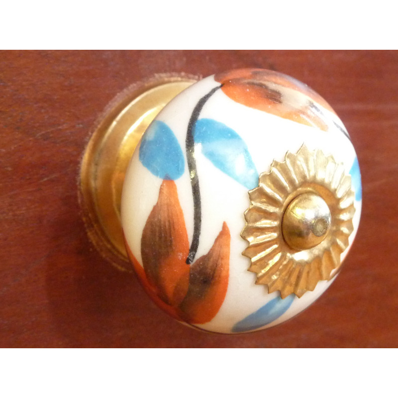Boutons en porcelaine feuilles orange et bleu