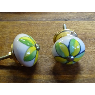 Ceramic cabinet knob green and yellow flower 2