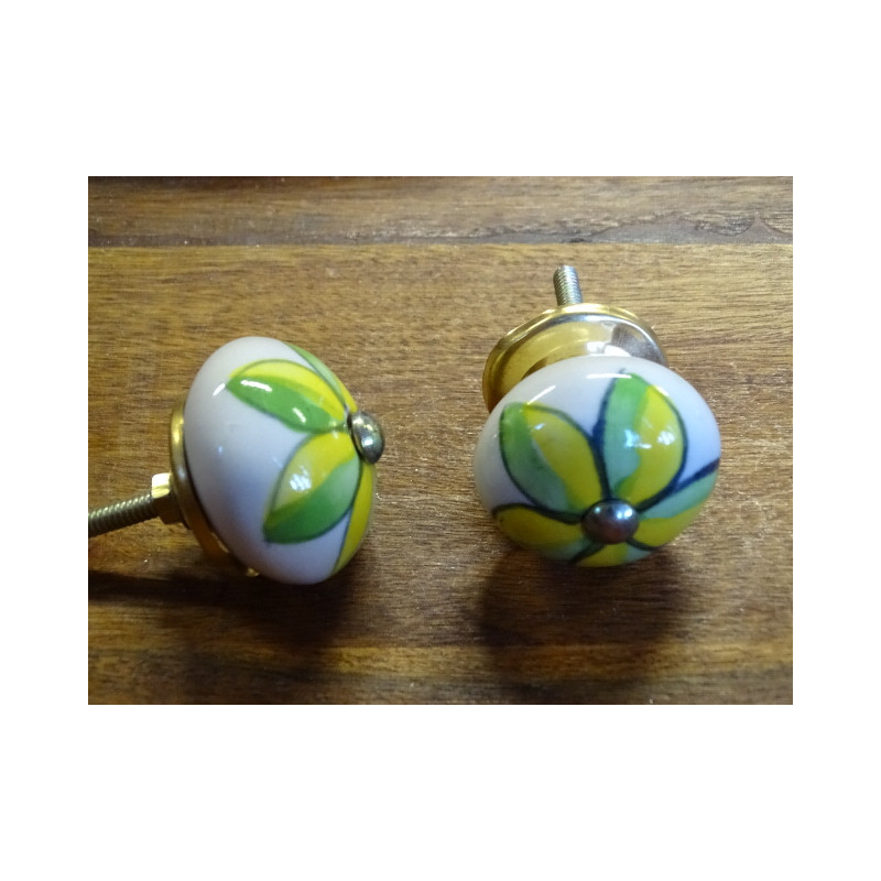 Poignée en porcelaine fleur verte et jaune