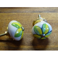 Ceramic cabinet knob green and yellow flower