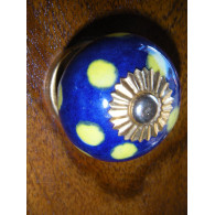 Boutons en porcelaine bleu gros pois jaune