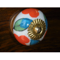Porcelain knobs 3 flowers blues/oranges