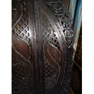 holz Paravent rond 2 paons teinté foncé