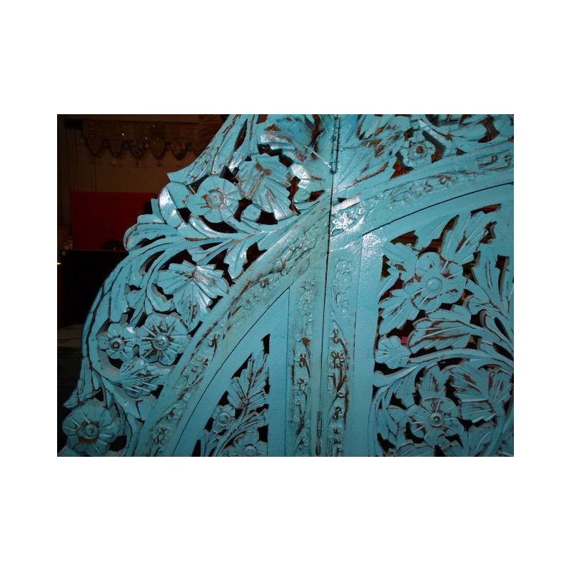 Paravent rond fleurs turquoise poncé