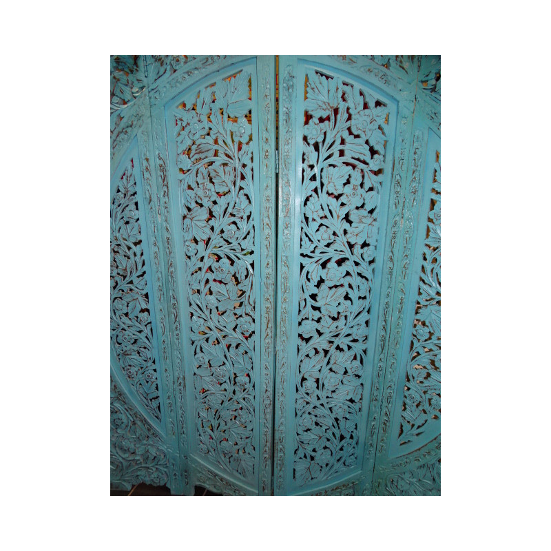 Paravent rond fleurs turquoise poncé