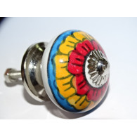 Furniture knobs with large red and orange flower - silver