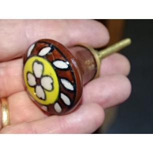 brown and yellow porcelain button with white flower 2
